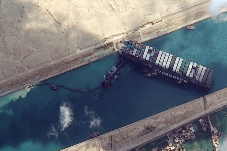 Source: NBC News Ever Given container ship is pictured in Suez Canal in this Maxar Technologies satellite image taken on March 26, 2021.